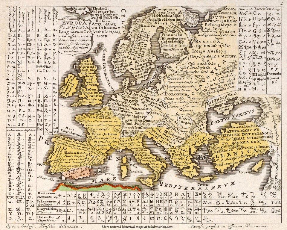 Linguistic map of Europe - Gottfried Hensel (1687-1765)